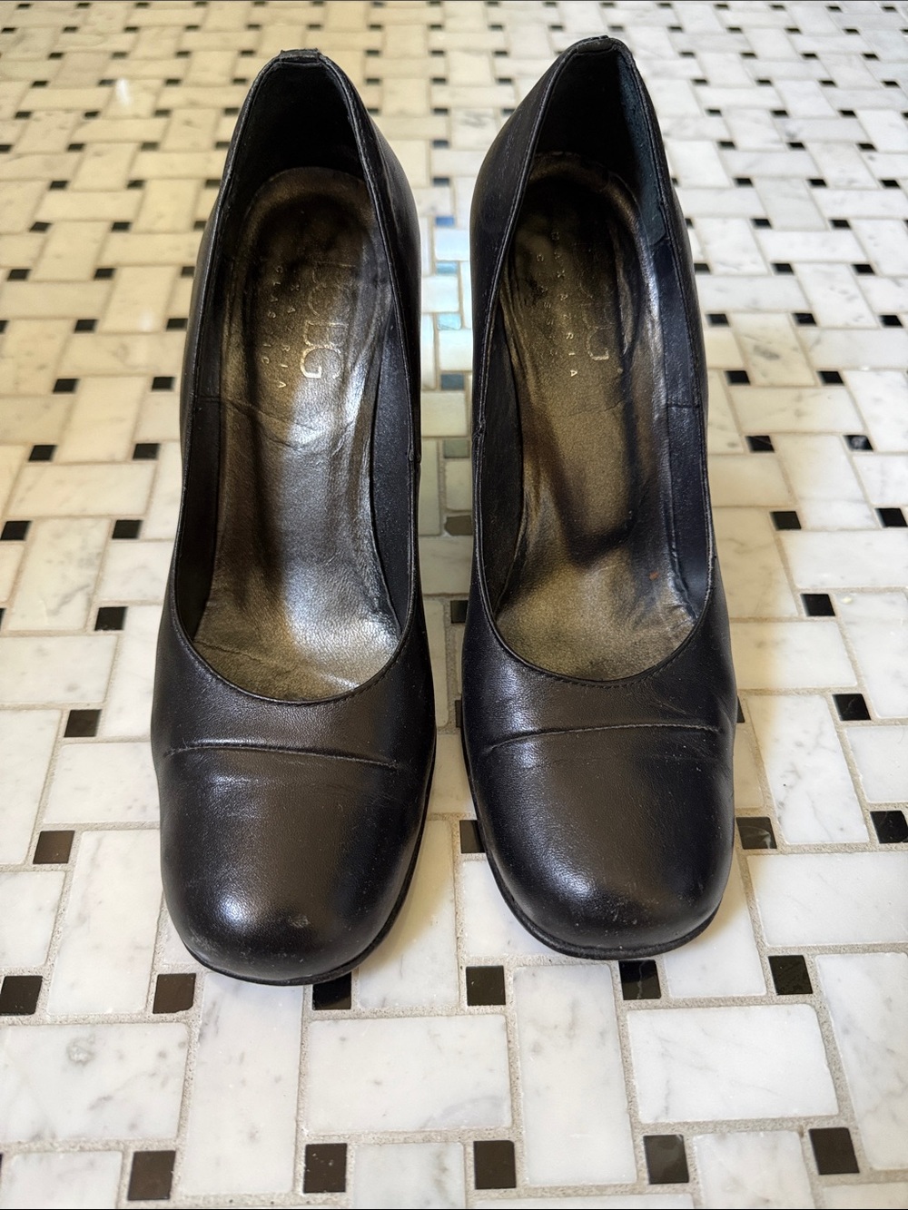 BCBG Classic Black Leather Round-Toe Heels